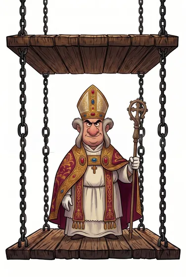 Um clérigo de expressão severa, com mitra e vestes bordadas em vermelho e dourado, segura um báculo. Ele está em pé sobre uma plataforma de madeira suspensa por correntes pretas, sob outra prancha de madeira. O fundo é branco.