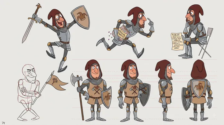 Folha de modelo de um cavaleiro de capuz marrom, cota de malha e túnica bege com brasão. Em cima, três poses cômicas: pulando com espada e escudo, correndo com um saco de confete e sentado pensativo com uma lista de afazeres. Embaixo, vistas de frente, três quartos, perfil e costas, e um esboço de construção segurando uma bandeira.