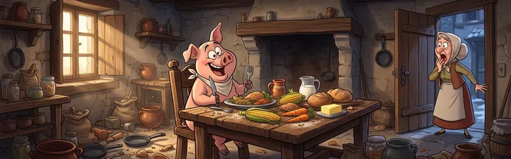 Numa cozinha de pedra com lareira, panelas e luz entrando pela janela, um porquinho rosa de guardanapo no pescoço segura talheres, sorrindo diante de uma mesa com pão, milho, cenouras, manteiga e leite. À direita, na porta aberta, uma senhora de touca leva a mão à boca em susto.