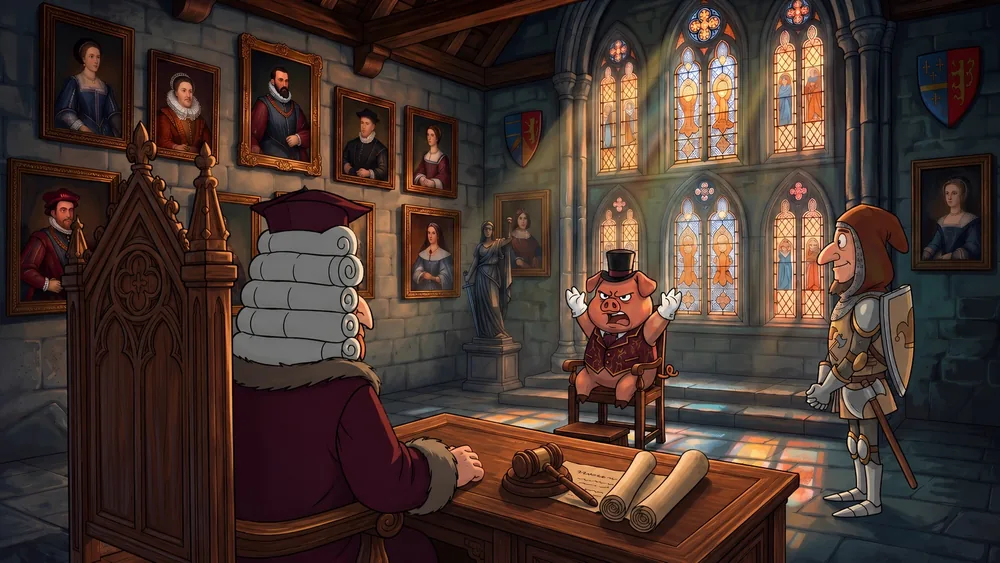 Ilustração de um tribunal medieval: um porquinho de cartola e colete protesta no banco dos réus diante de um juiz de peruca, com um cavaleiro de armadura ao lado e vitrais ao fundo.